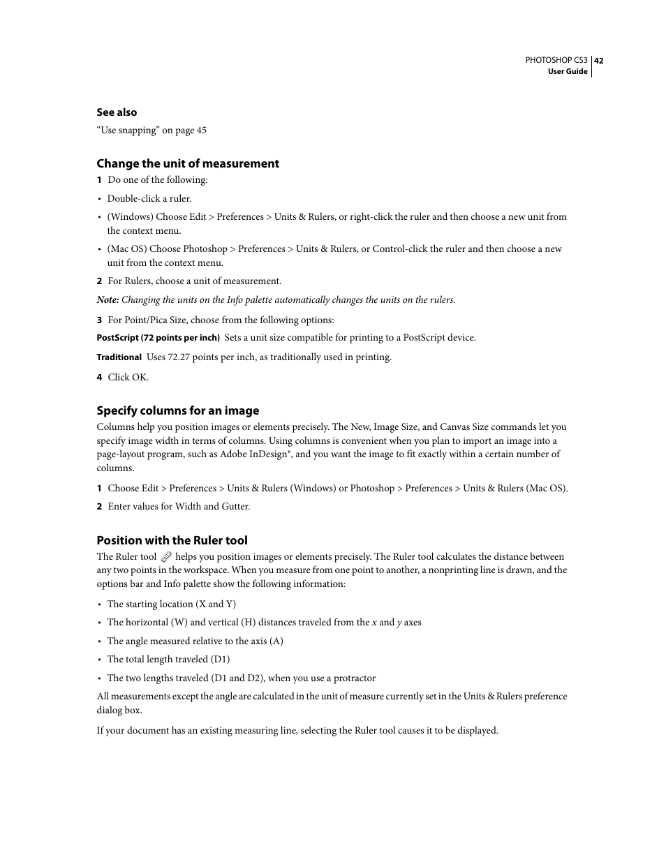 Change the unit of measurement, Specify columns for an image, Position with the ruler tool | Adobe Photoshop CS3 User Manual | Page 49 / 681