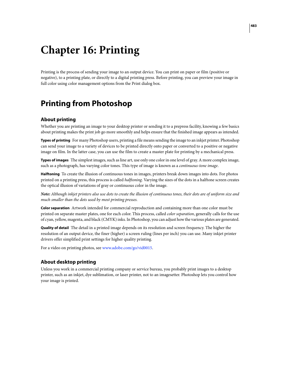 Chapter 16: printing, Printing from photoshop, About printing | About desktop printing | Adobe Photoshop CS3 User Manual | Page 490 / 681