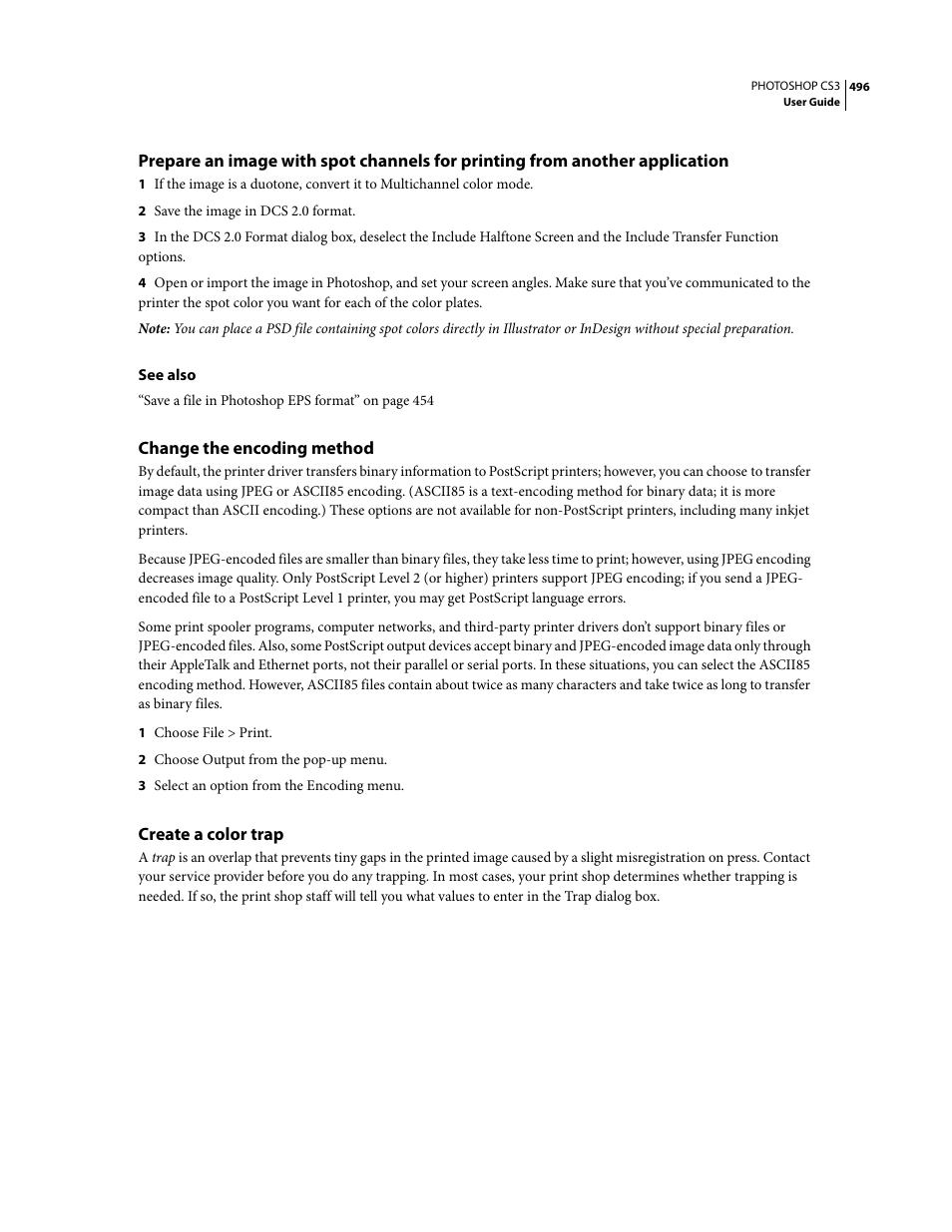 Change the encoding method, Create a color trap | Adobe Photoshop CS3 User Manual | Page 503 / 681