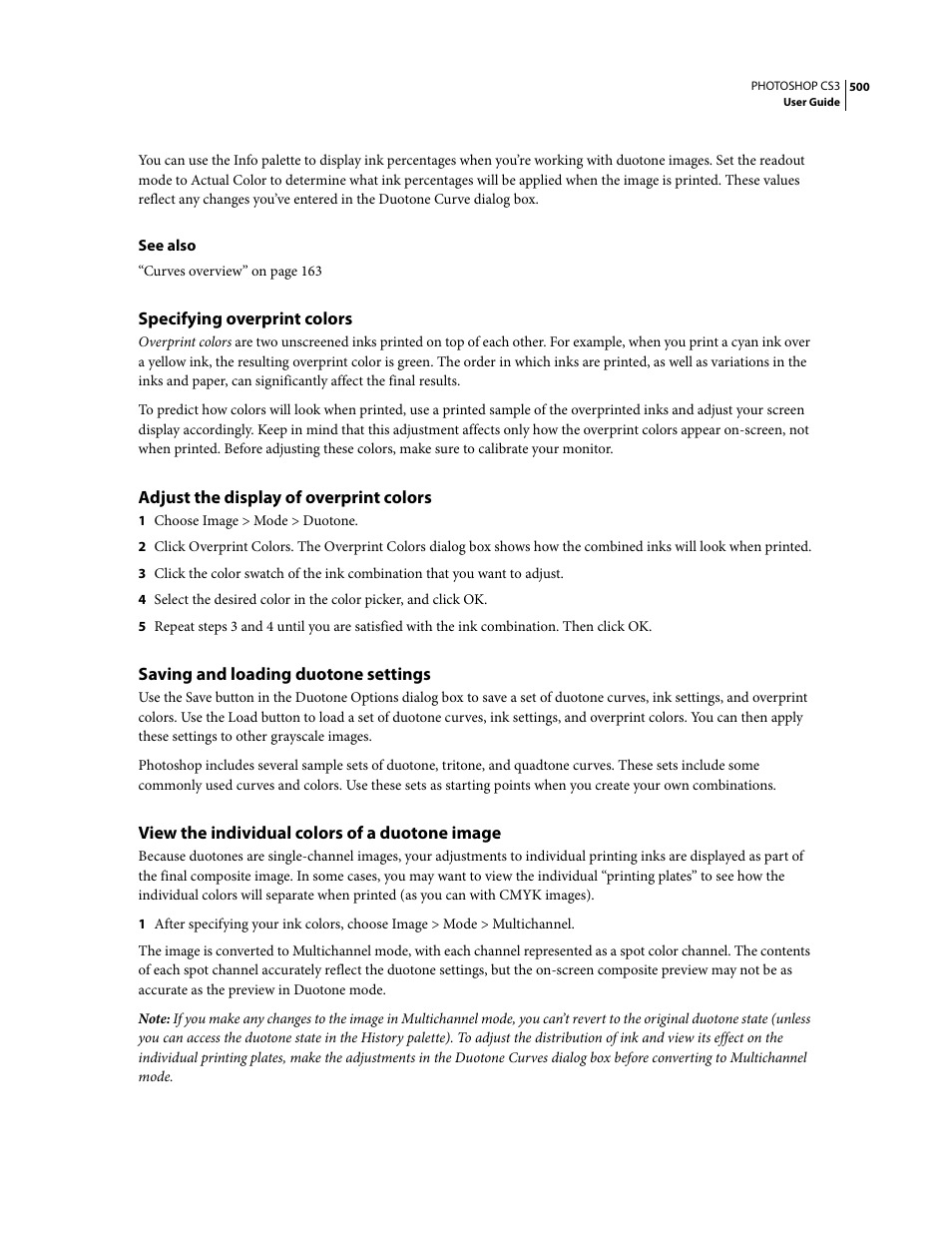 Specifying overprint colors, Adjust the display of overprint colors, Saving and loading duotone settings | View the individual colors of a duotone image | Adobe Photoshop CS3 User Manual | Page 507 / 681