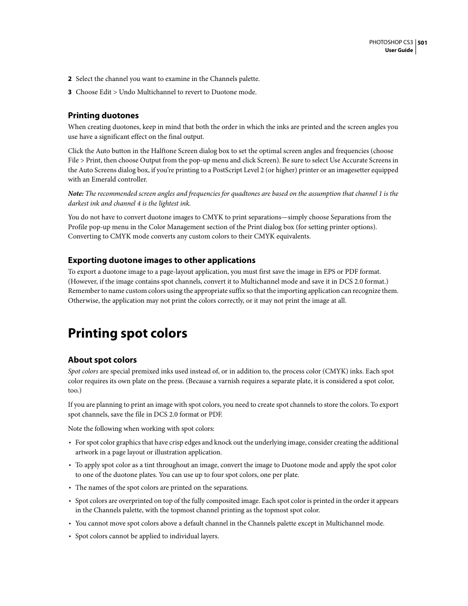 Printing duotones, Exporting duotone images to other applications, Printing spot colors | About spot colors | Adobe Photoshop CS3 User Manual | Page 508 / 681