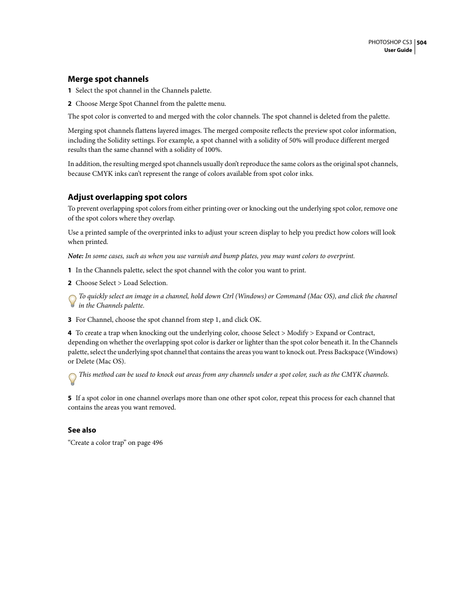 Merge spot channels, Adjust overlapping spot colors | Adobe Photoshop CS3 User Manual | Page 511 / 681