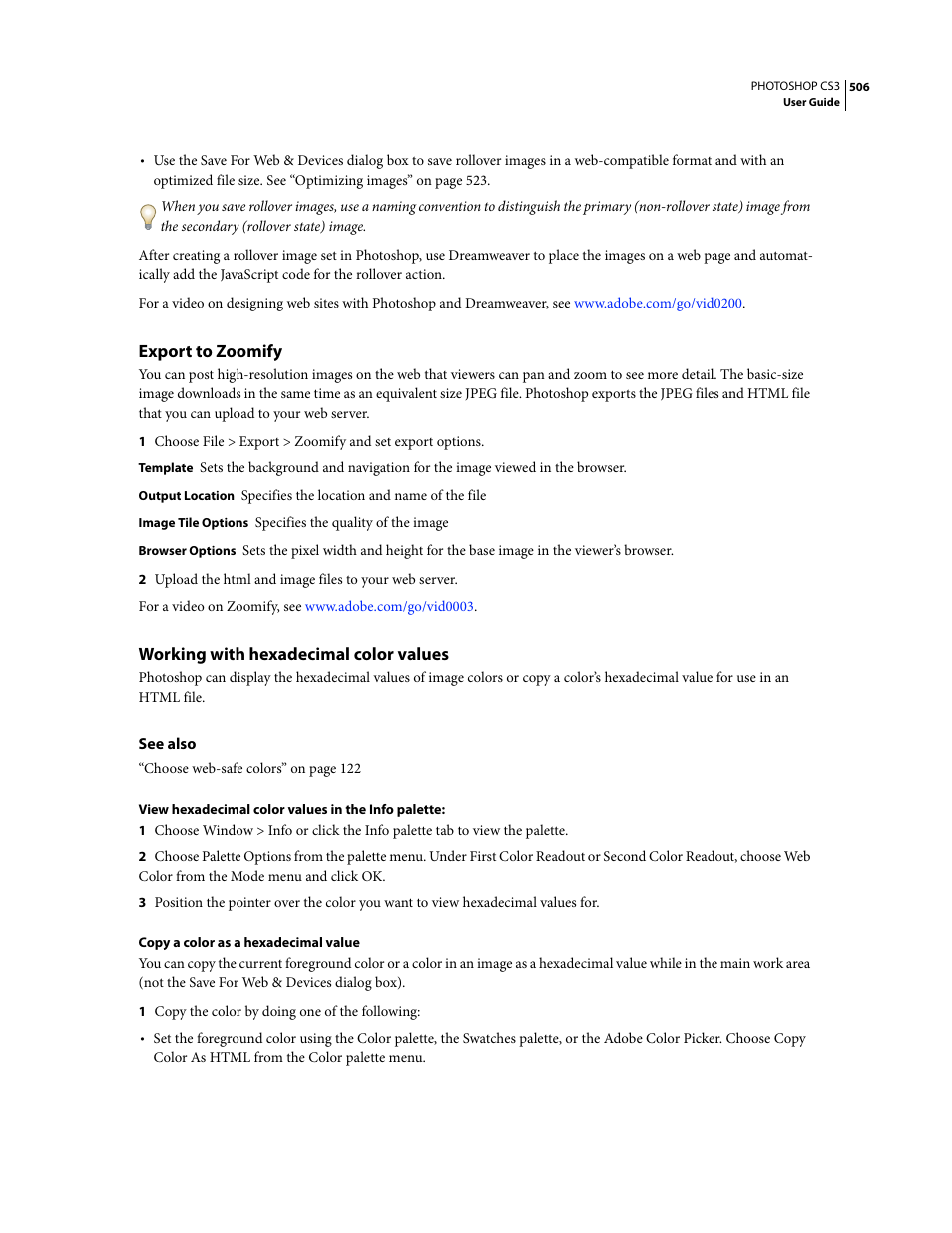 Export to zoomify, Working with hexadecimal color values | Adobe Photoshop CS3 User Manual | Page 513 / 681