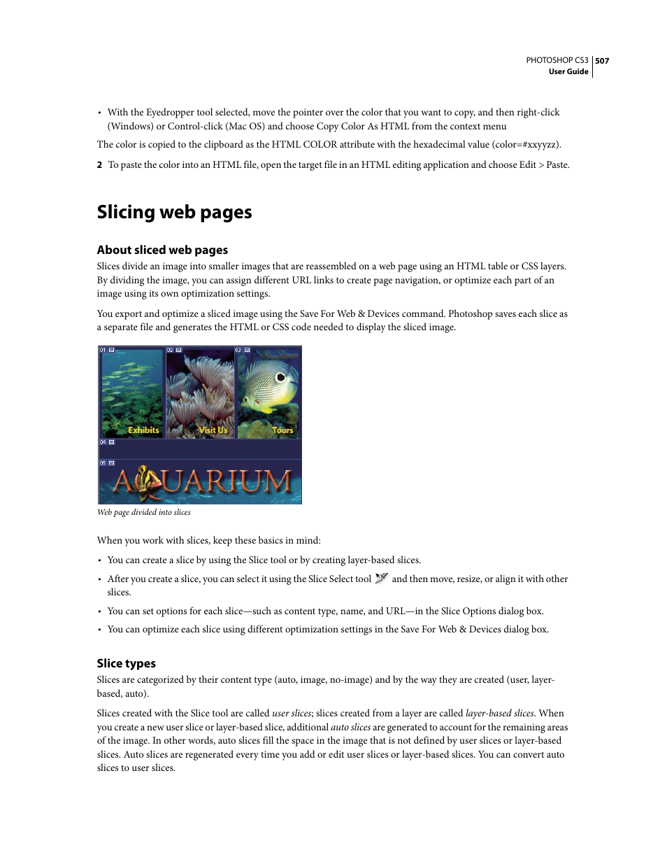 Slice types, Slicing web pages | Adobe Photoshop CS3 User Manual | Page 514 / 681