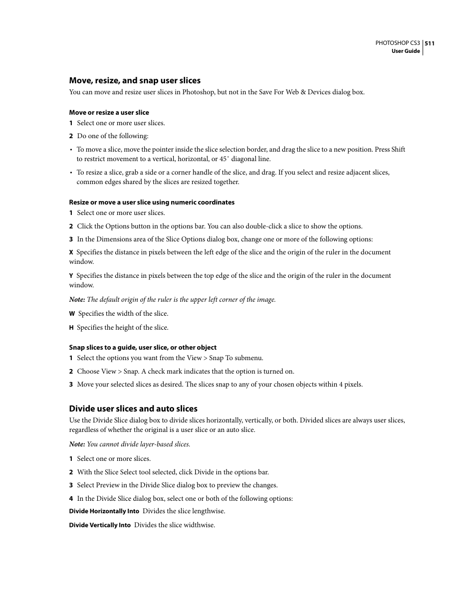 Move, resize, and snap user slices, Divide user slices and auto slices | Adobe Photoshop CS3 User Manual | Page 518 / 681