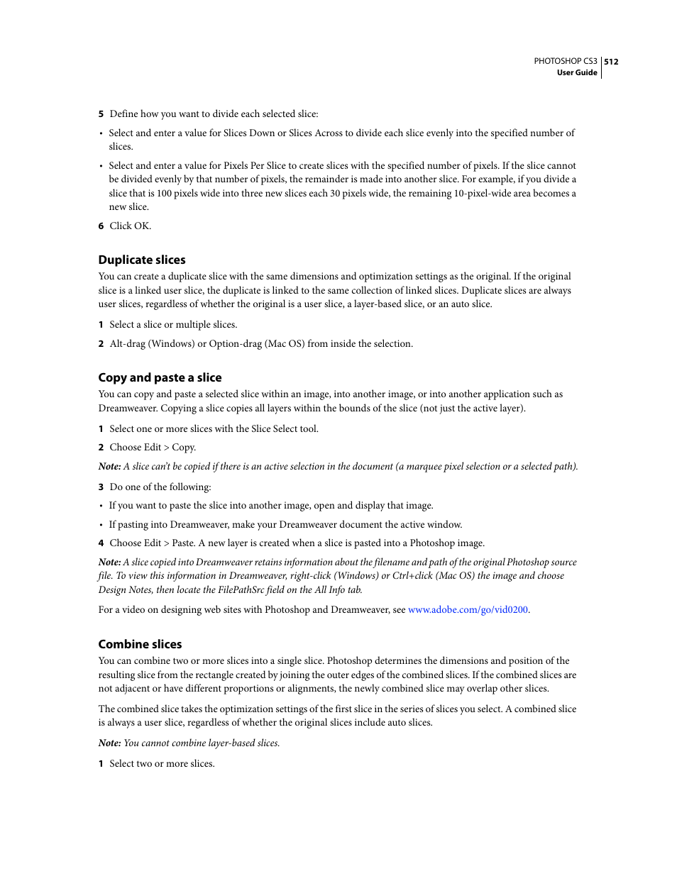 Duplicate slices, Copy and paste a slice, Combine slices | Adobe Photoshop CS3 User Manual | Page 519 / 681