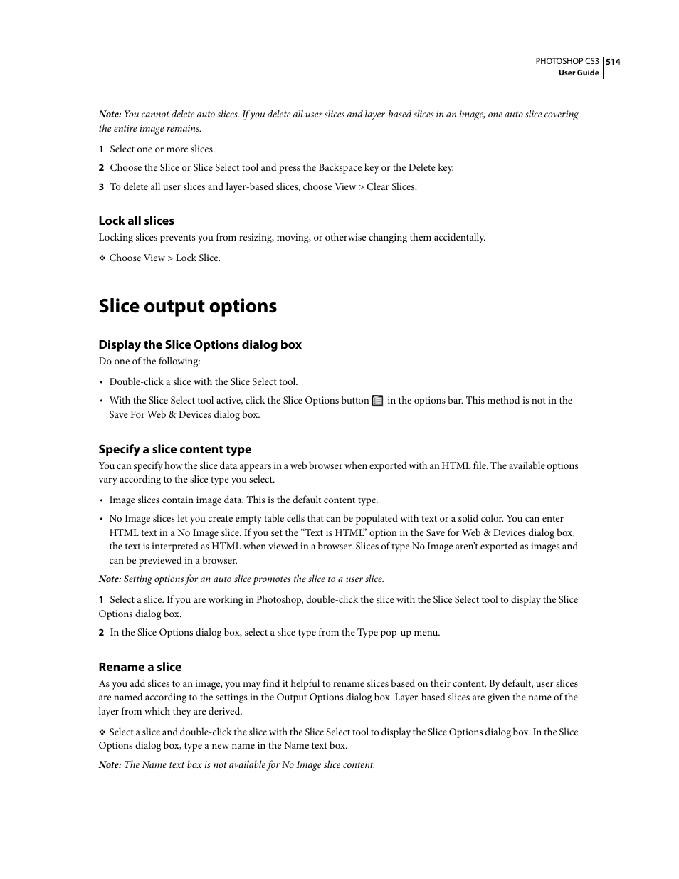 Lock all slices, Slice output options, Display the slice options dialog box | Specify a slice content type, Rename a slice | Adobe Photoshop CS3 User Manual | Page 521 / 681