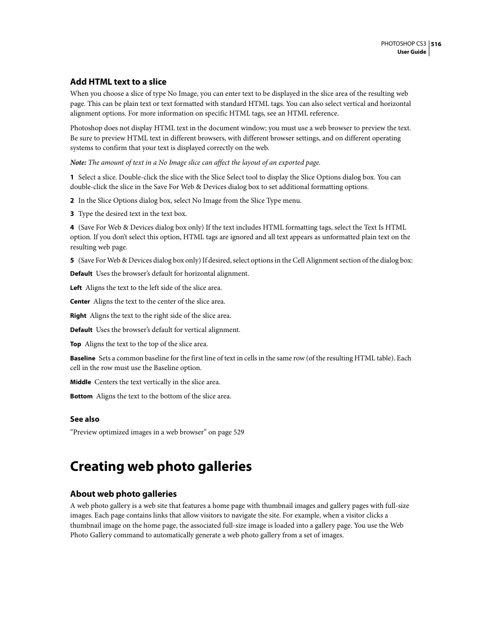 Add html text to a slice, Creating web photo galleries, About web photo galleries | Adobe Photoshop CS3 User Manual | Page 523 / 681