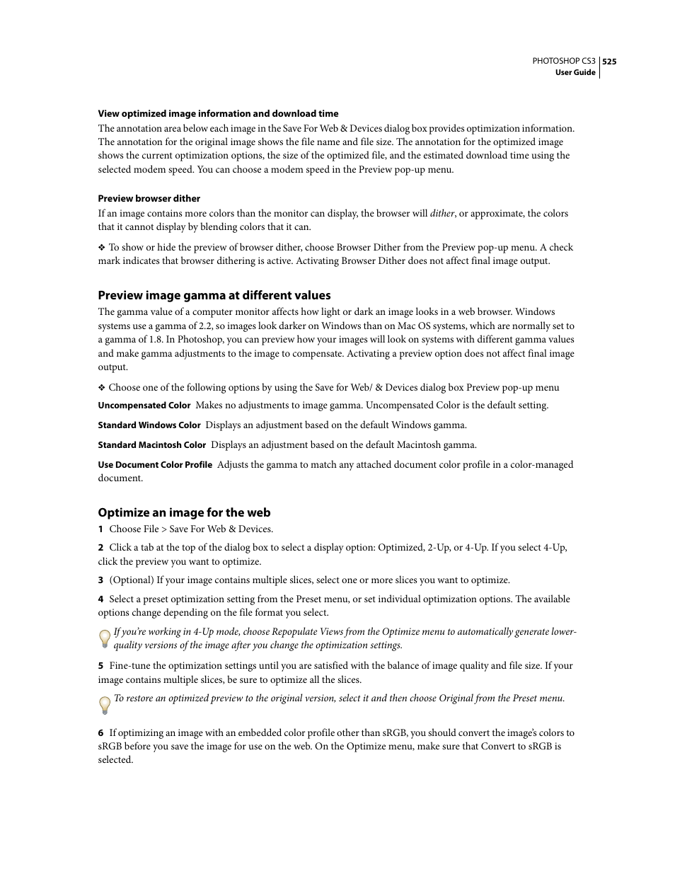 Preview image gamma at different values, Optimize an image for the web | Adobe Photoshop CS3 User Manual | Page 532 / 681