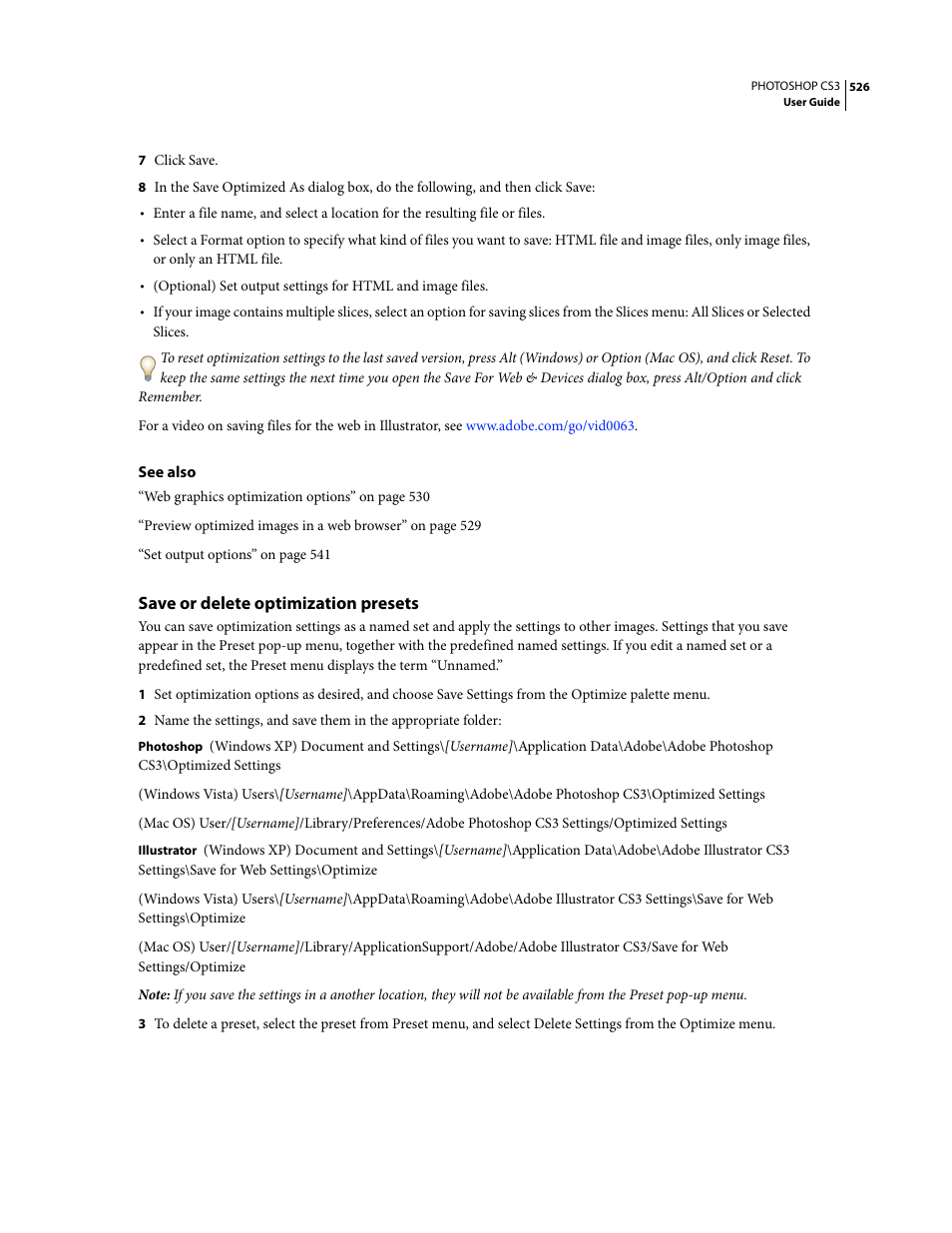 Save or delete optimization presets | Adobe Photoshop CS3 User Manual | Page 533 / 681
