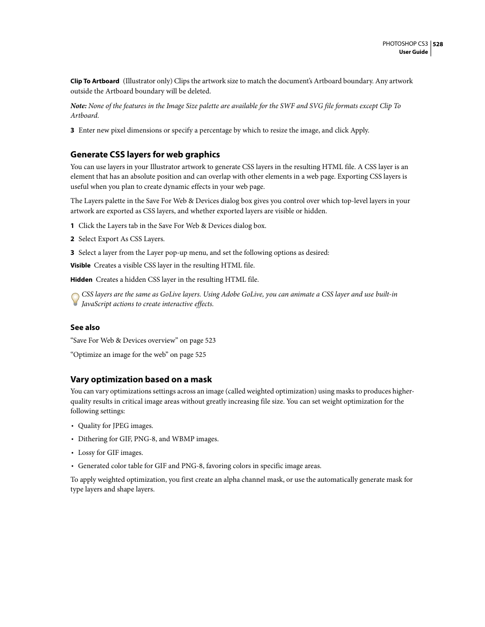 Generate css layers for web graphics, Vary optimization based on a mask | Adobe Photoshop CS3 User Manual | Page 535 / 681