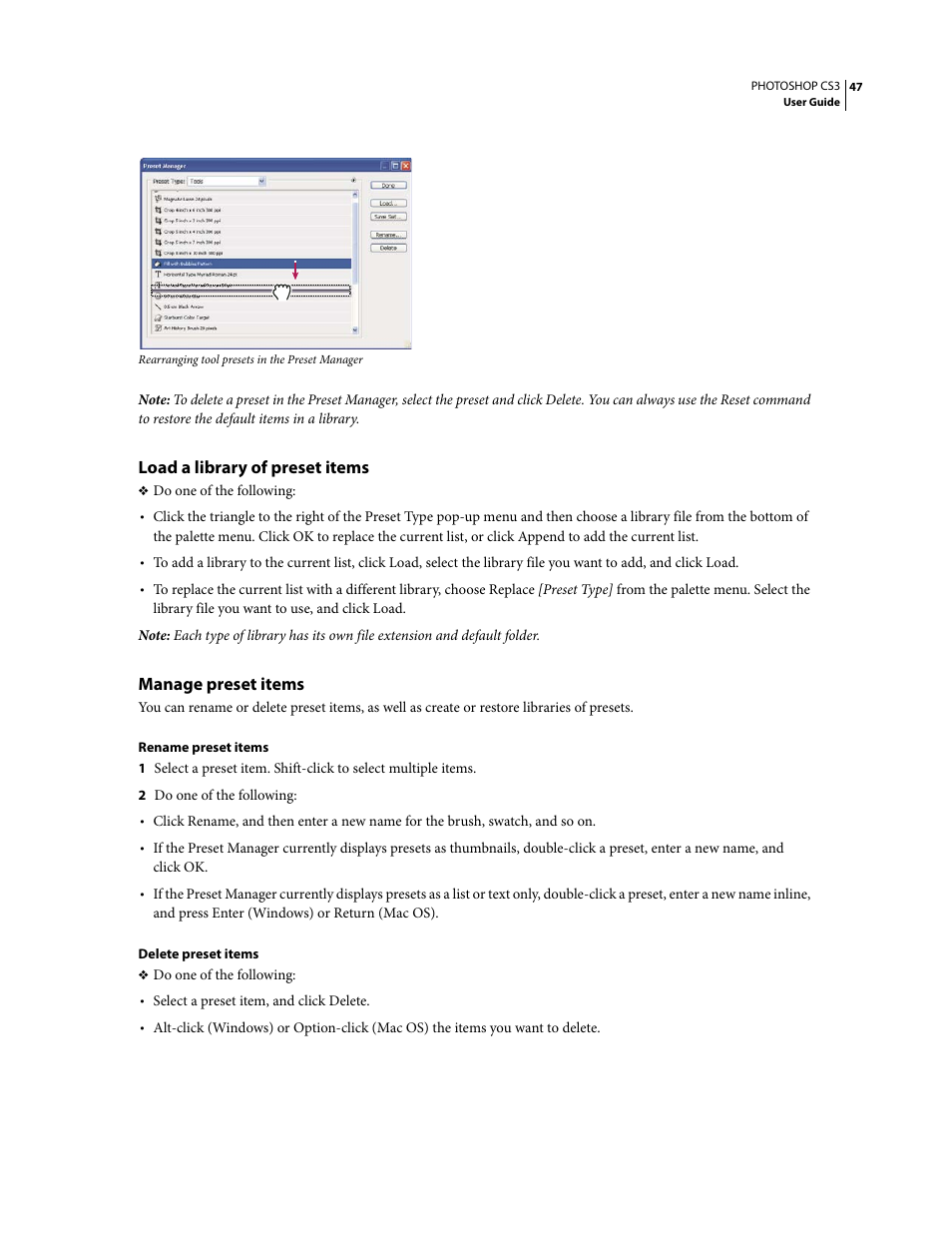 Load a library of preset items, Manage preset items | Adobe Photoshop CS3 User Manual | Page 54 / 681