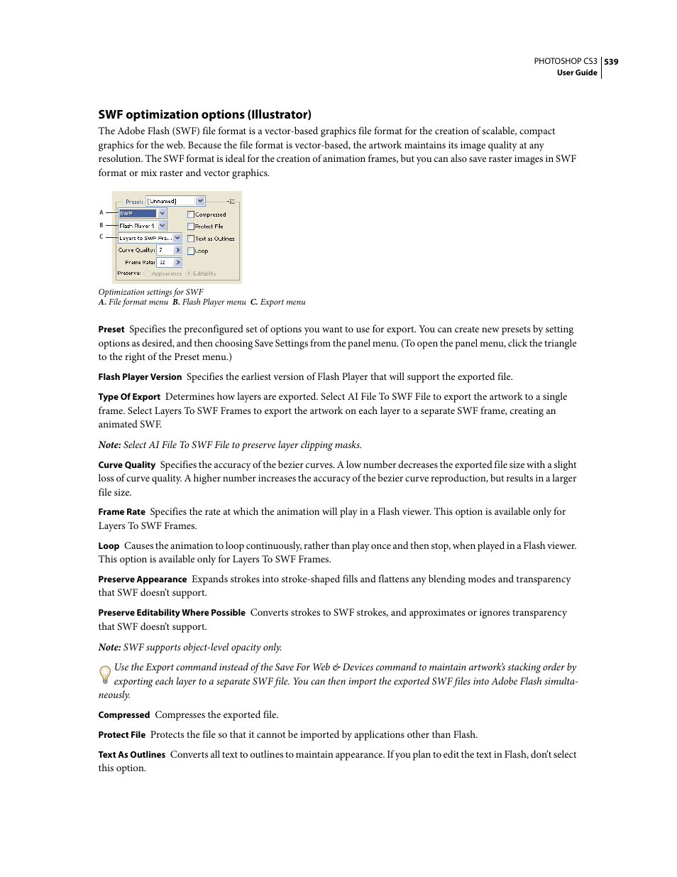 Swf optimization options (illustrator) | Adobe Photoshop CS3 User Manual | Page 546 / 681