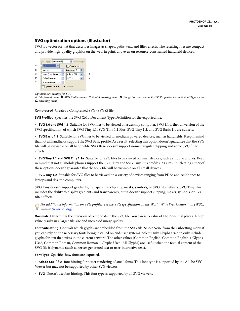 Svg optimization options (illustrator) | Adobe Photoshop CS3 User Manual | Page 547 / 681