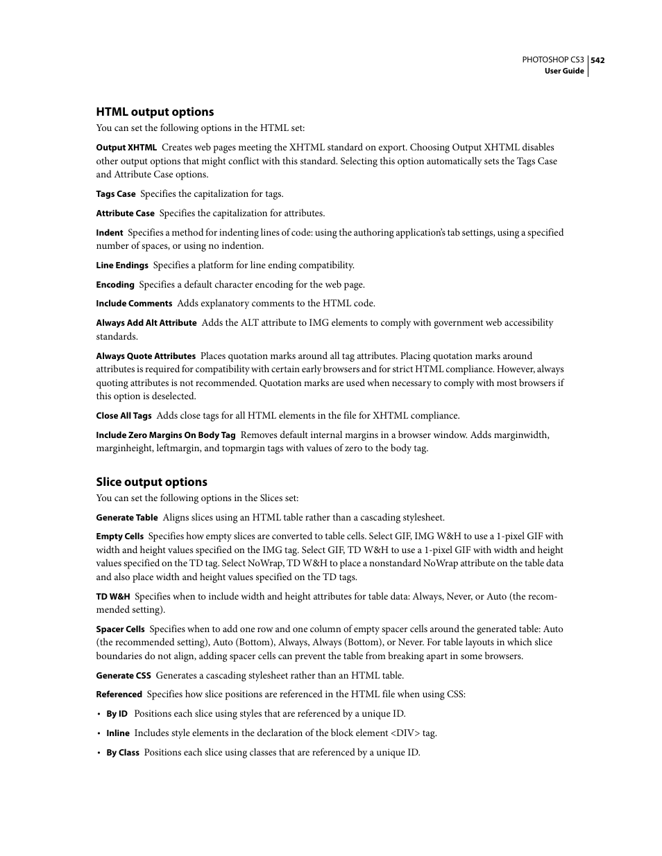 Html output options, Slice output options | Adobe Photoshop CS3 User Manual | Page 549 / 681