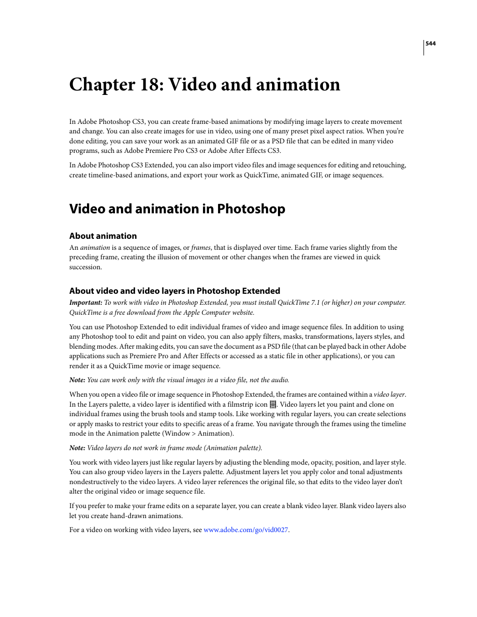 Chapter 18: video and animation, Video and animation in photoshop, About animation | About video and video layers in photoshop extended | Adobe Photoshop CS3 User Manual | Page 551 / 681