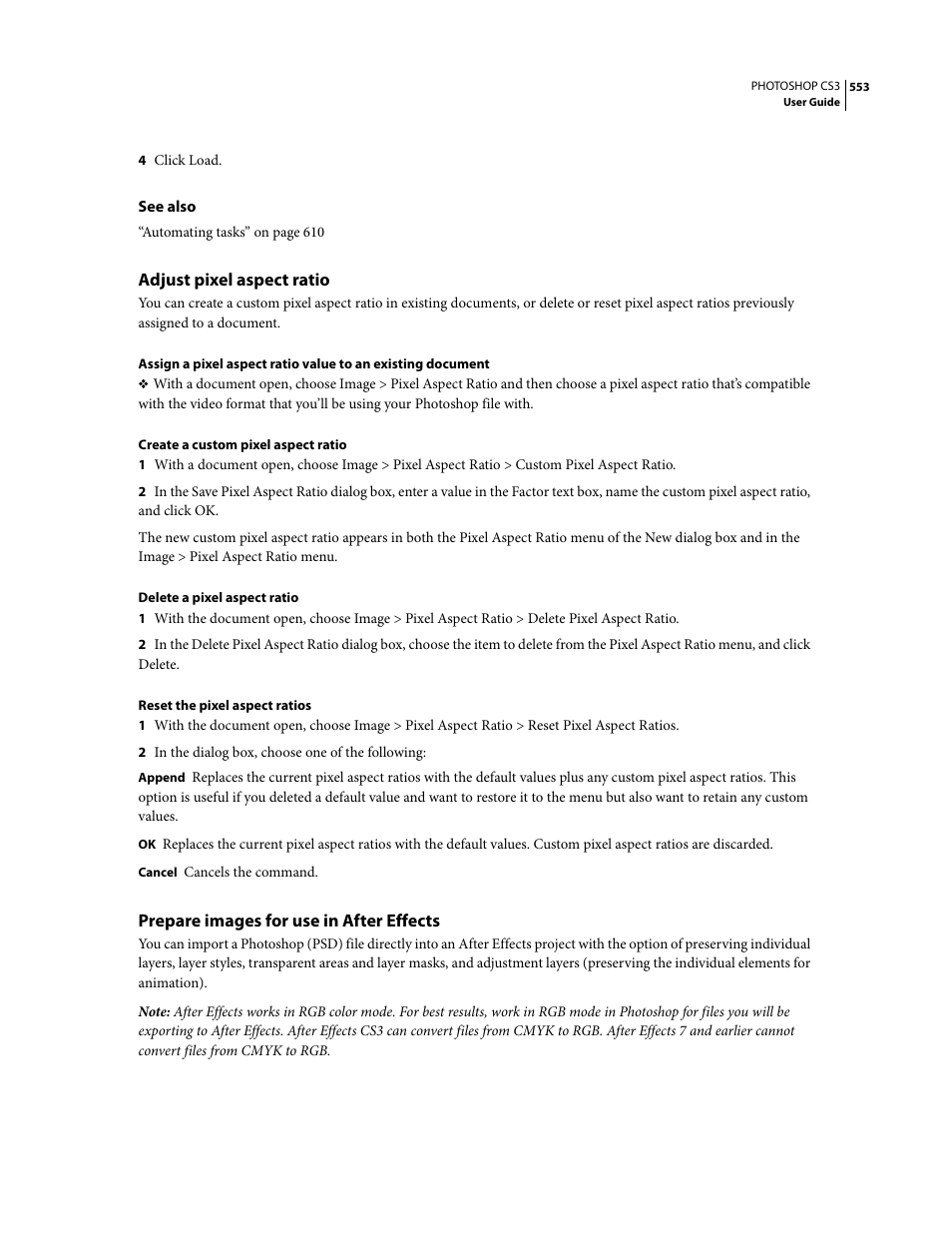 Adjust pixel aspect ratio, Prepare images for use in after effects | Adobe Photoshop CS3 User Manual | Page 560 / 681