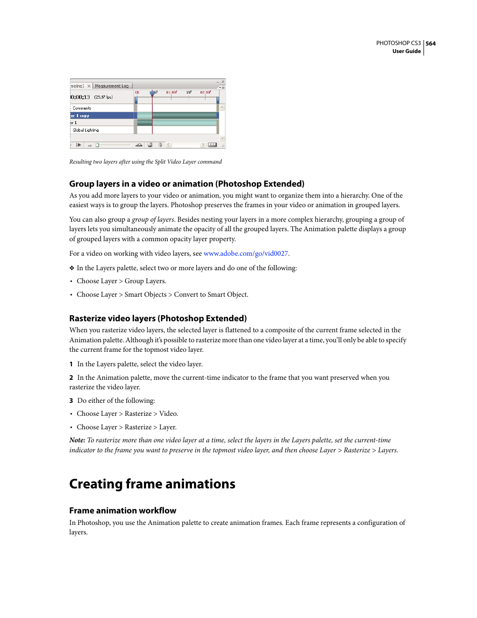 Rasterize video layers (photoshop extended), Creating frame animations, Frame animation workflow | Adobe Photoshop CS3 User Manual | Page 571 / 681