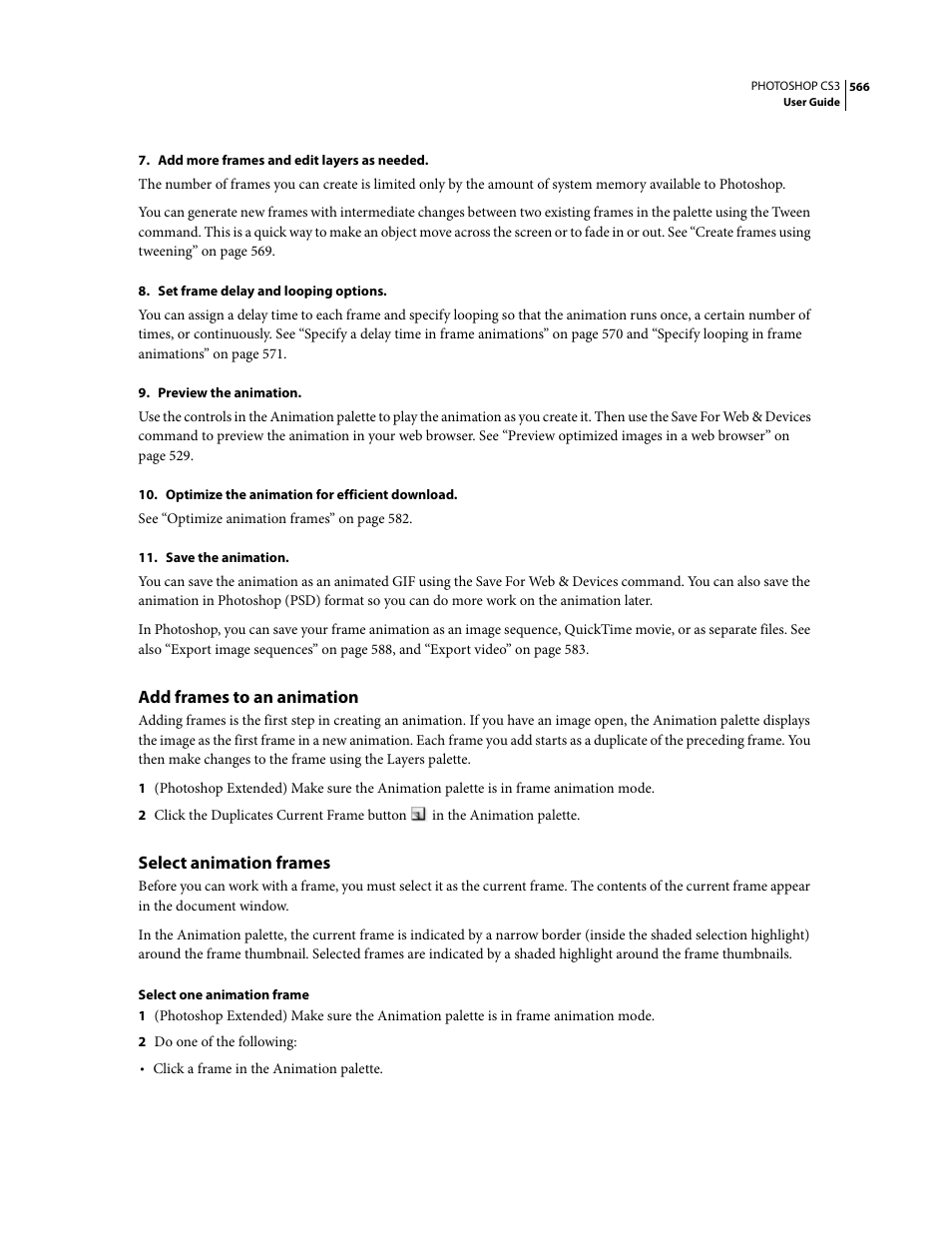 Add frames to an animation, Select animation frames | Adobe Photoshop CS3 User Manual | Page 573 / 681