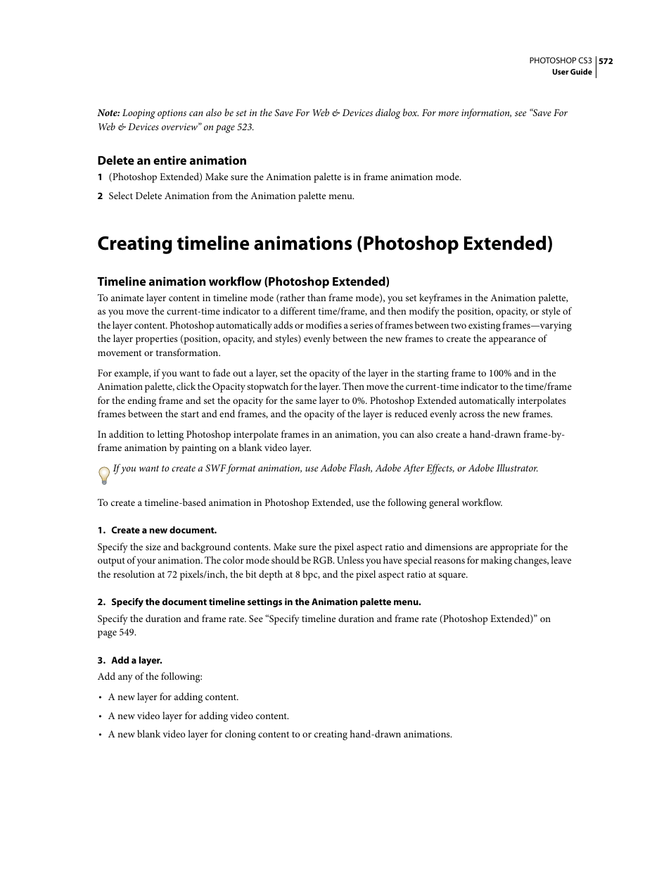 Delete an entire animation, Creating timeline animations (photoshop extended), Timeline animation workflow (photoshop extended) | Adobe Photoshop CS3 User Manual | Page 579 / 681