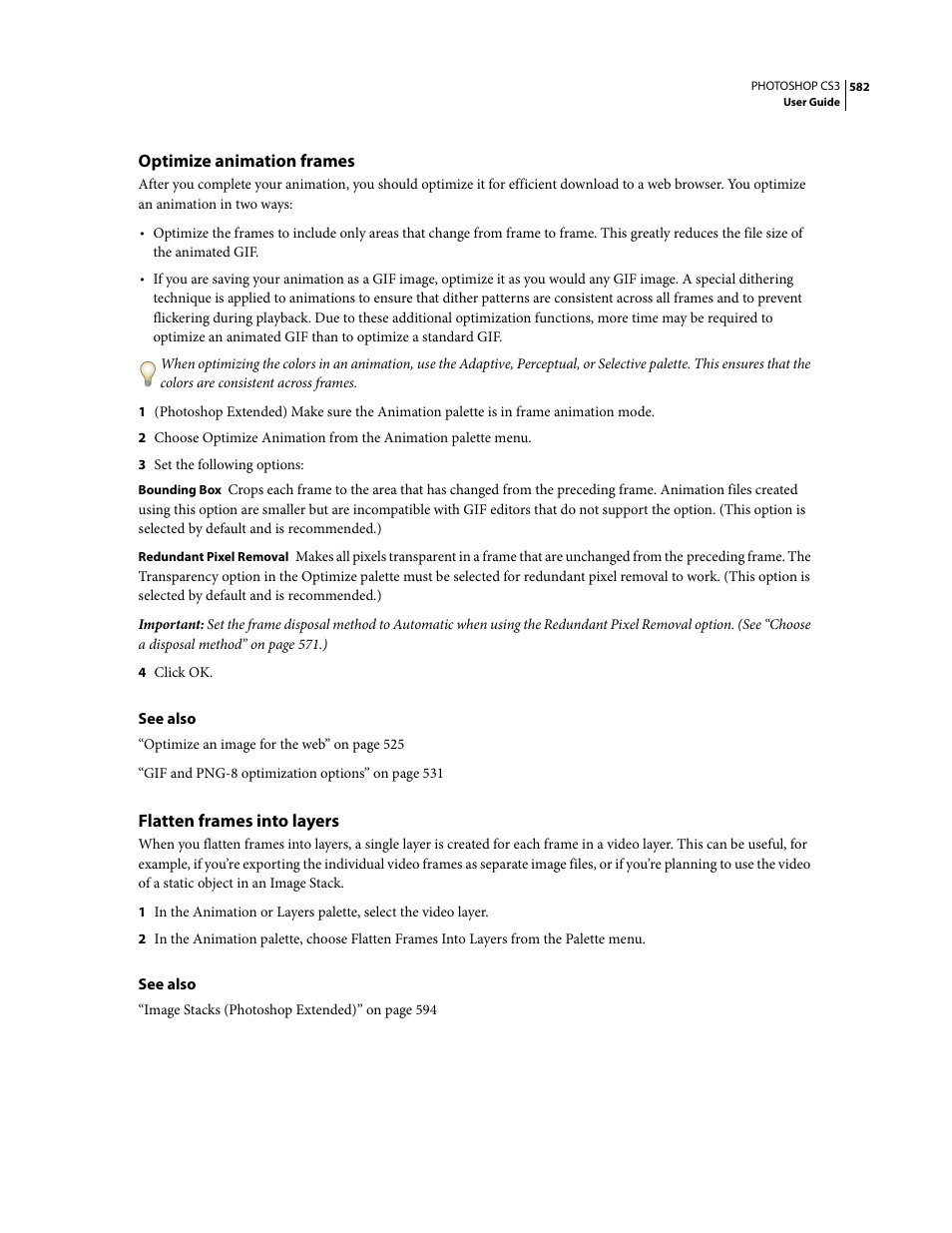 Optimize animation frames, Flatten frames into layers | Adobe Photoshop CS3 User Manual | Page 589 / 681