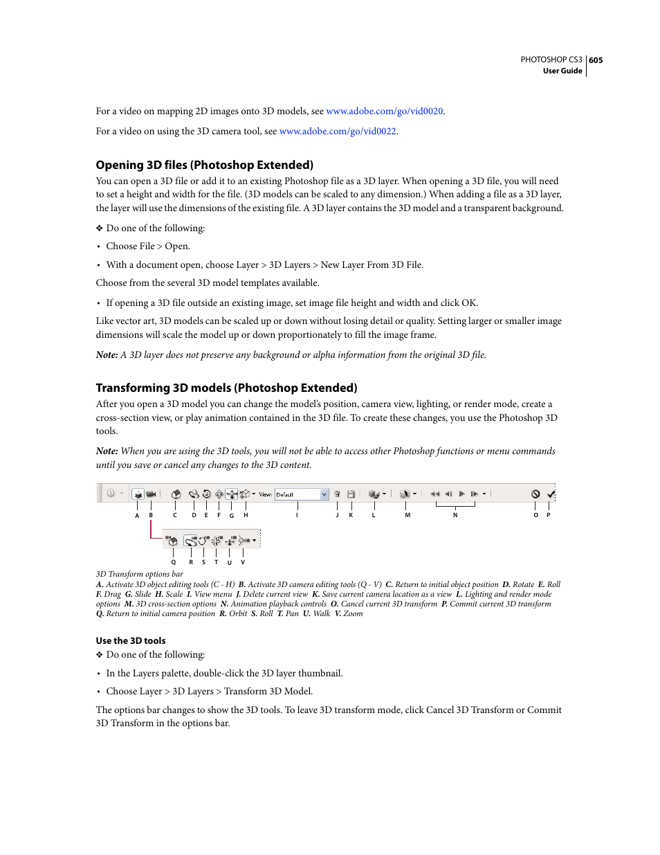 Opening 3d files (photoshop extended), Transforming 3d models (photoshop extended) | Adobe Photoshop CS3 User Manual | Page 612 / 681