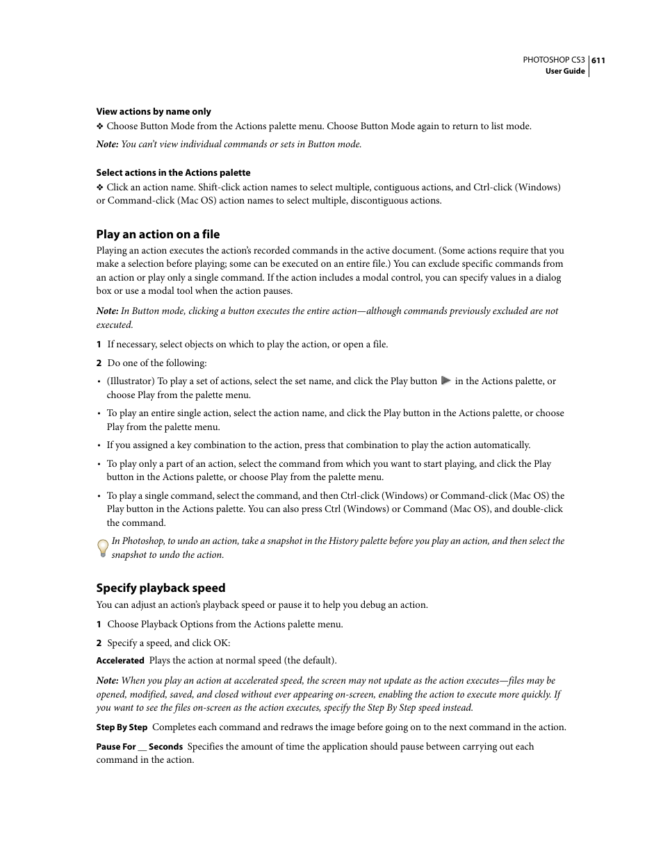 Play an action on a file, Specify playback speed | Adobe Photoshop CS3 User Manual | Page 618 / 681