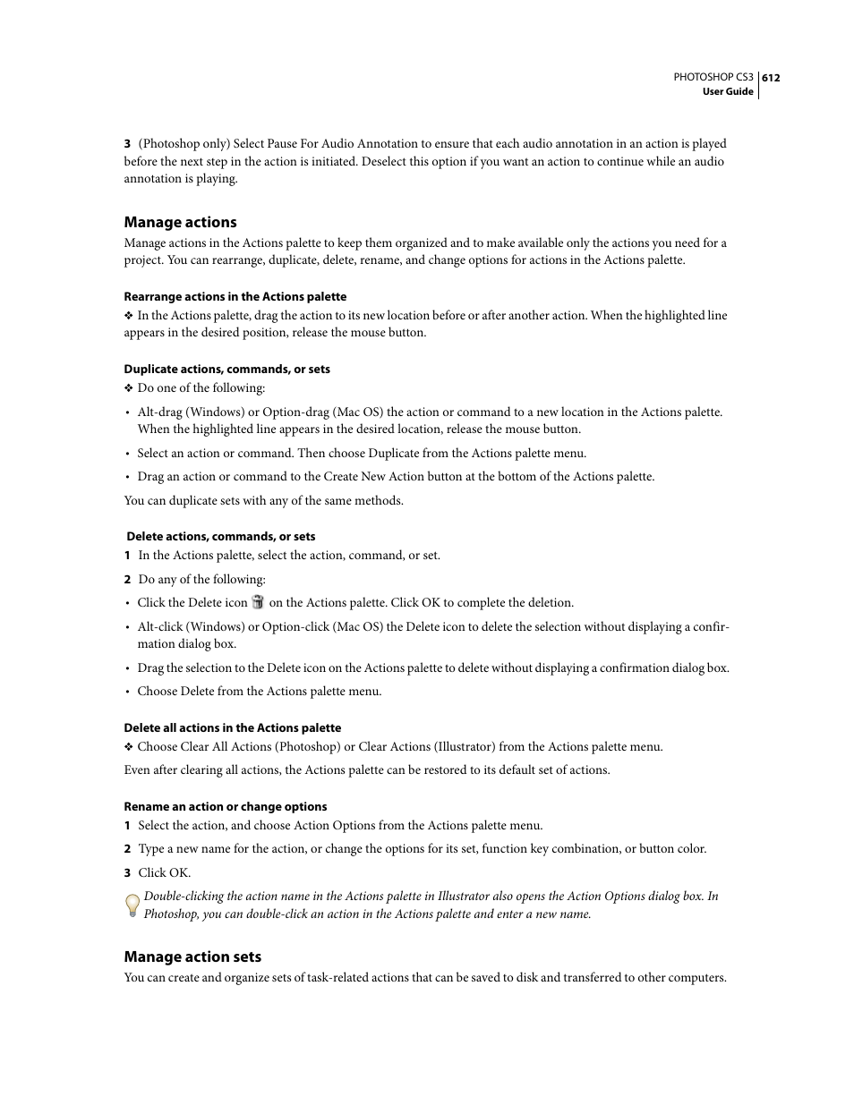 Manage actions, Manage action sets | Adobe Photoshop CS3 User Manual | Page 619 / 681