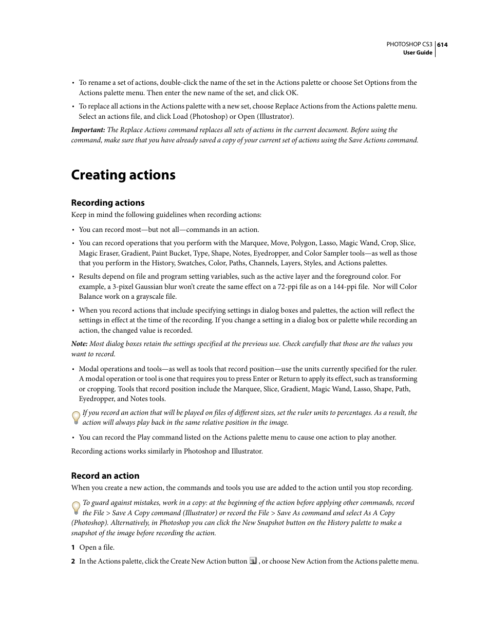 Creating actions, Recording actions, Record an action | Adobe Photoshop CS3 User Manual | Page 621 / 681