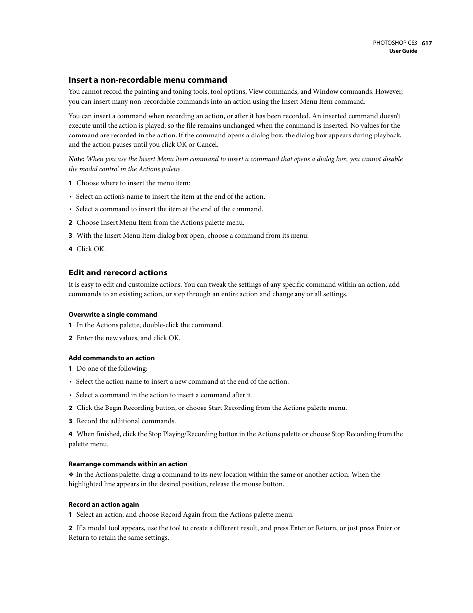 Insert a non-recordable menu command, Edit and rerecord actions | Adobe Photoshop CS3 User Manual | Page 624 / 681