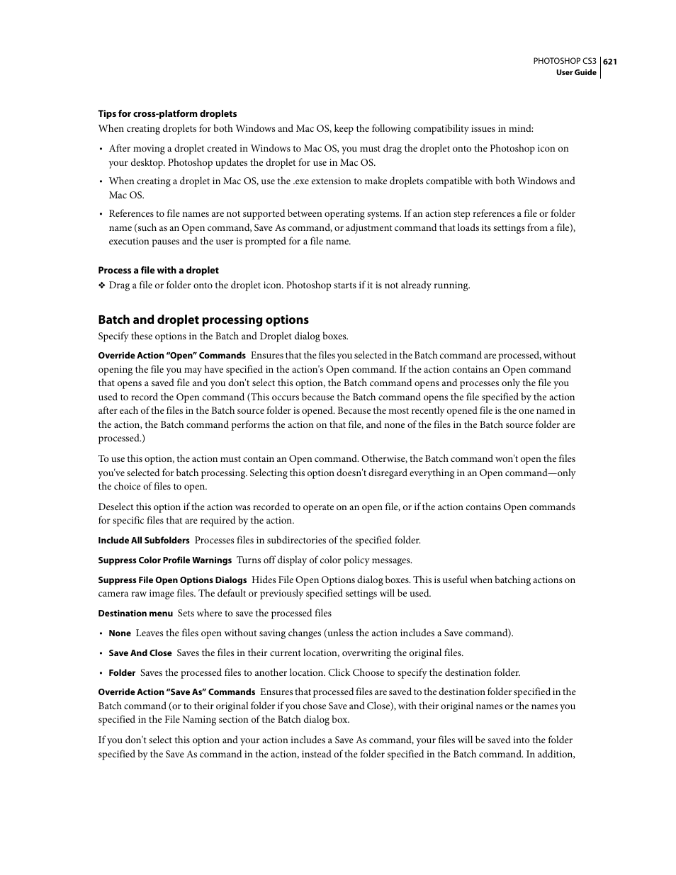 Batch and droplet processing options, E “batch and | Adobe Photoshop CS3 User Manual | Page 628 / 681