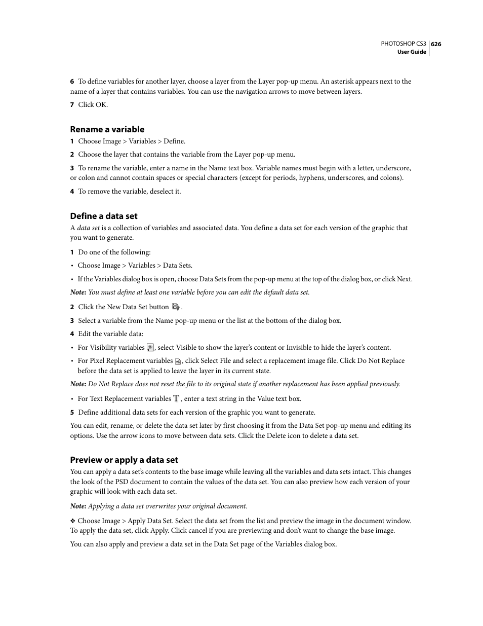 Rename a variable, Define a data set, Preview or apply a data set | Adobe Photoshop CS3 User Manual | Page 633 / 681
