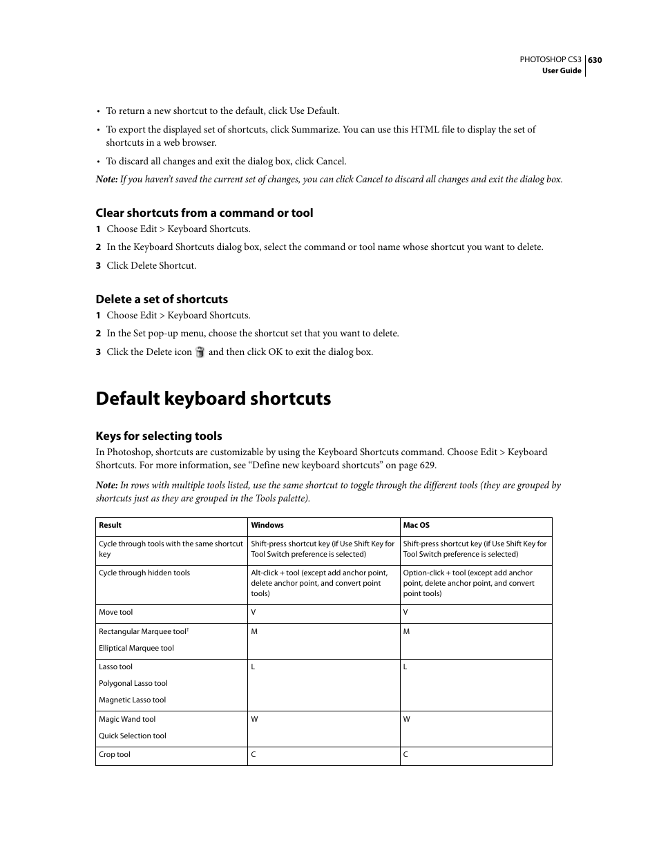 Clear shortcuts from a command or tool, Delete a set of shortcuts, Default keyboard shortcuts | Keys for selecting tools | Adobe Photoshop CS3 User Manual | Page 637 / 681