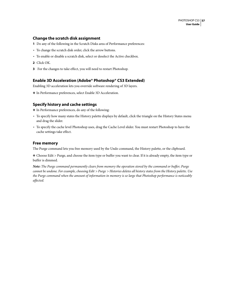 Change the scratch disk assignment, Specify history and cache settings, Free memory | Adobe Photoshop CS3 User Manual | Page 64 / 681