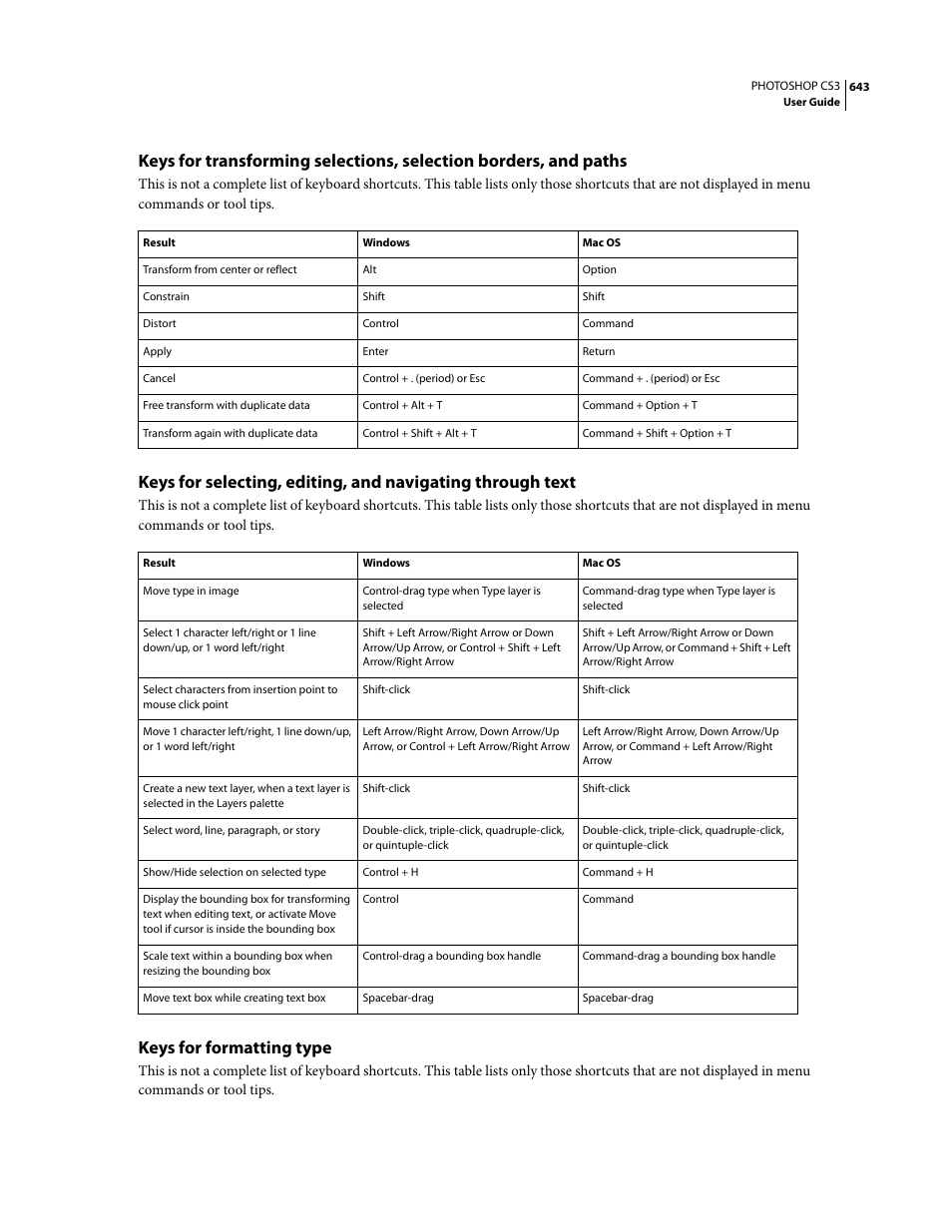 Keys for formatting type | Adobe Photoshop CS3 User Manual | Page 650 / 681