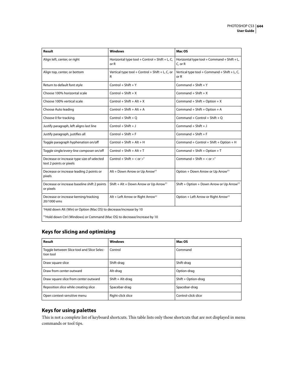 Keys for slicing and optimizing, Keys for using palettes | Adobe Photoshop CS3 User Manual | Page 651 / 681