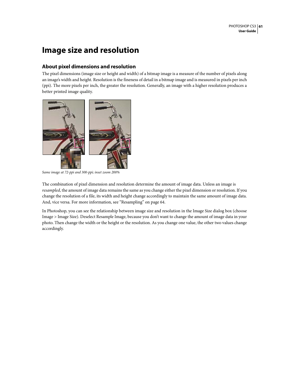 Image size and resolution, About pixel dimensions and resolution | Adobe Photoshop CS3 User Manual | Page 68 / 681