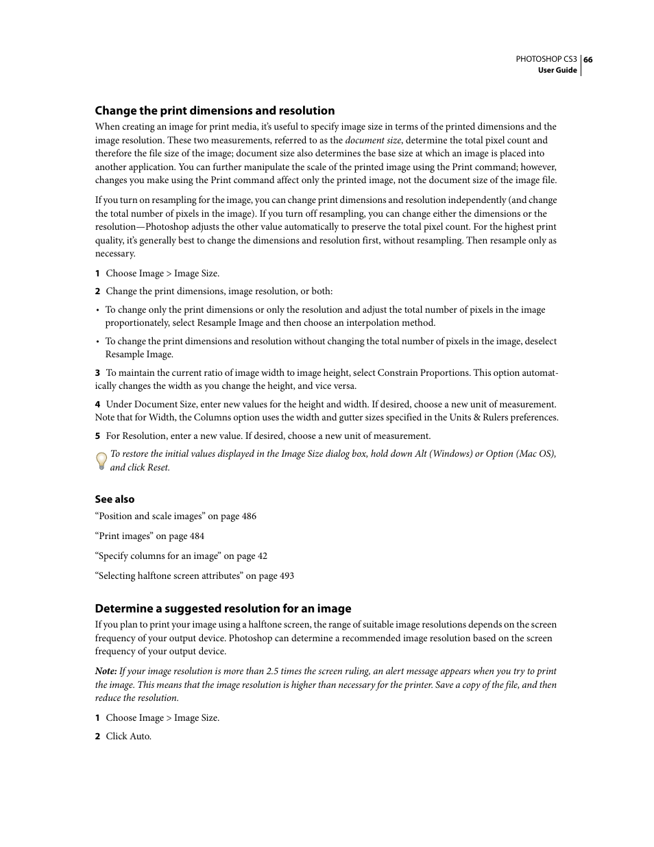 Change the print dimensions and resolution, Determine a suggested resolution for an image | Adobe Photoshop CS3 User Manual | Page 73 / 681