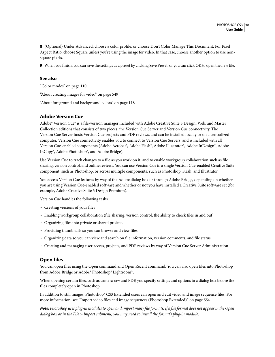 Adobe version cue, Open files | Adobe Photoshop CS3 User Manual | Page 77 / 681
