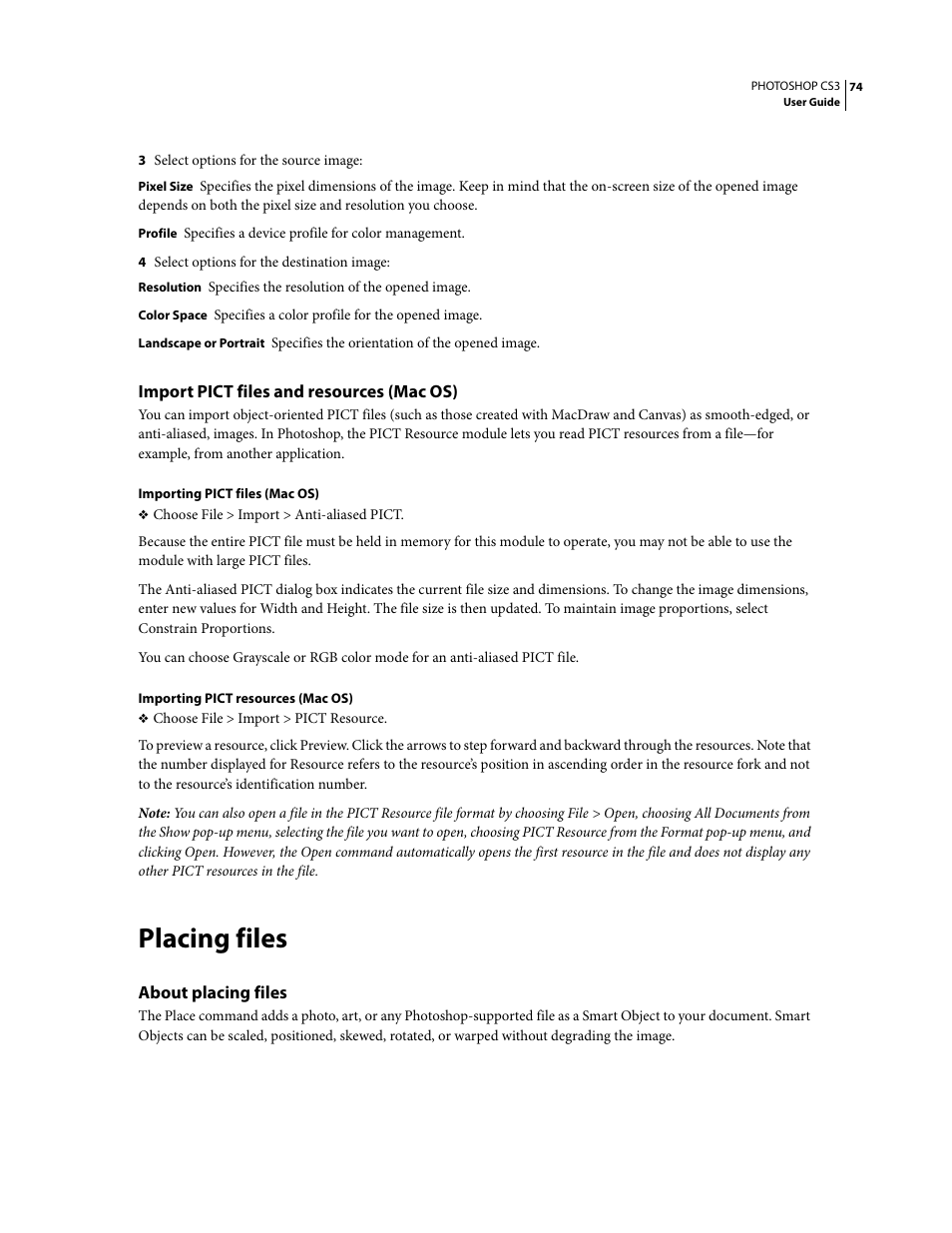 Import pict files and resources (mac os), Placing files, About placing files | Adobe Photoshop CS3 User Manual | Page 81 / 681