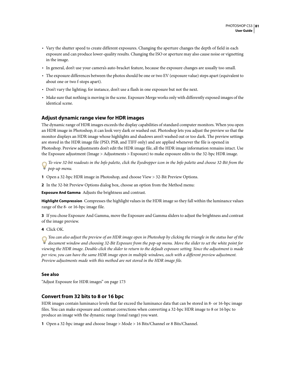 Adjust dynamic range view for hdr images, Convert from 32 bits to 8 or 16 bpc | Adobe Photoshop CS3 User Manual | Page 88 / 681