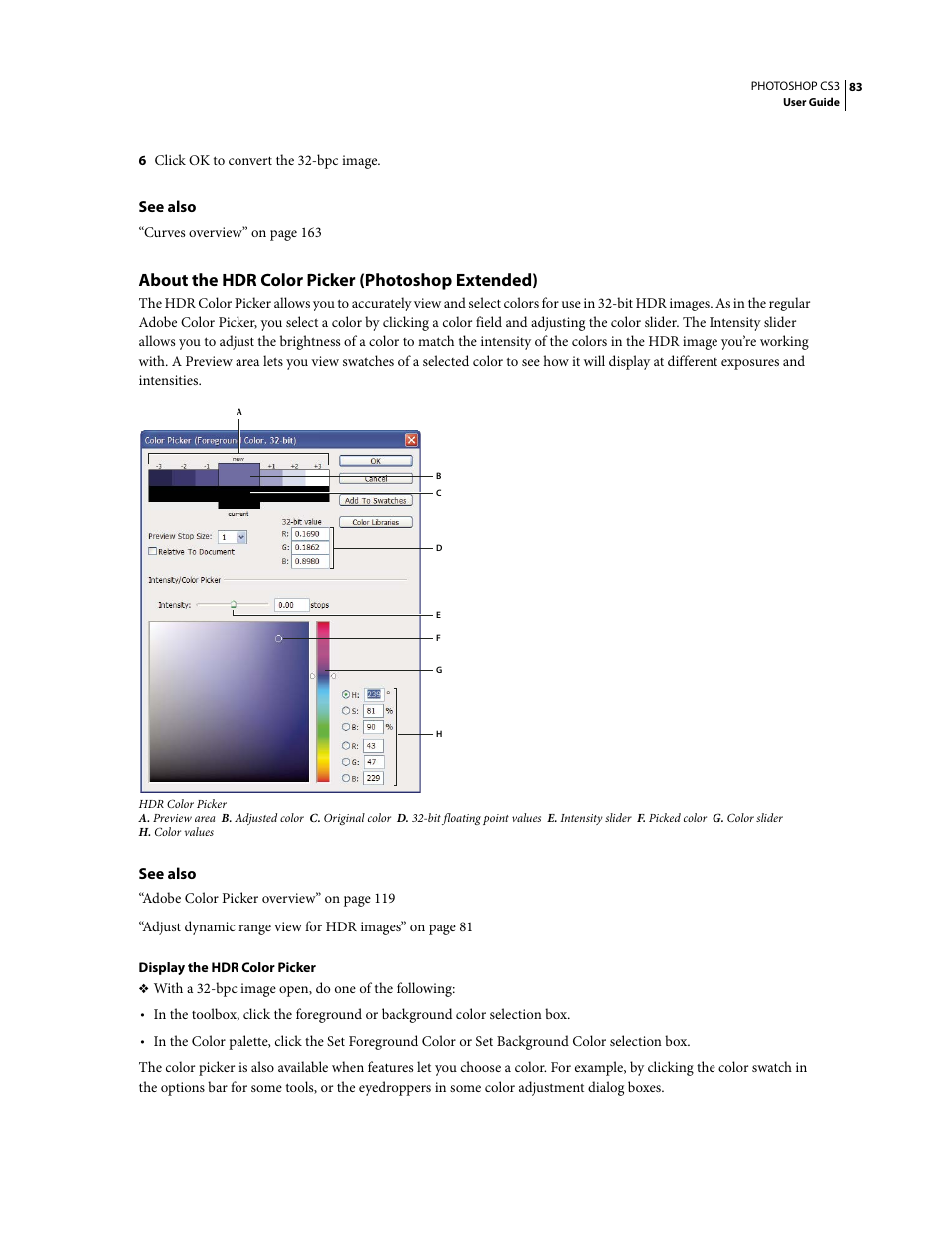 About the hdr color picker (photoshop extended) | Adobe Photoshop CS3 User Manual | Page 90 / 681