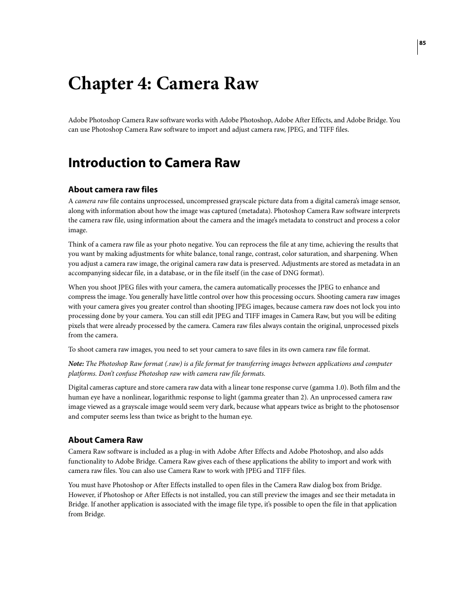 Chapter 4: camera raw, Introduction to camera raw, About camera raw files | About camera raw | Adobe Photoshop CS3 User Manual | Page 92 / 681