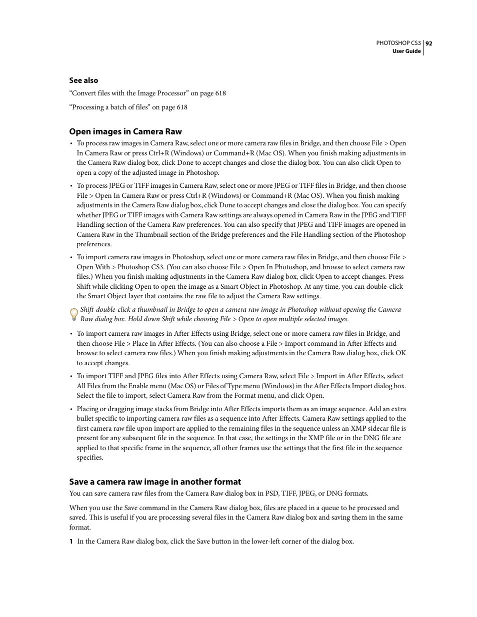 Open images in camera raw, Save a camera raw image in another format | Adobe Photoshop CS3 User Manual | Page 99 / 681