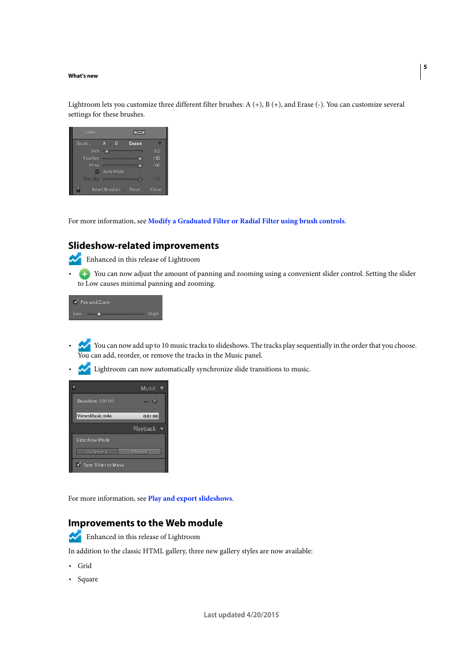 Slideshow-related improvements, Improvements to the web module | Adobe Photoshop Lightroom CC User Manual | Page 10 / 261