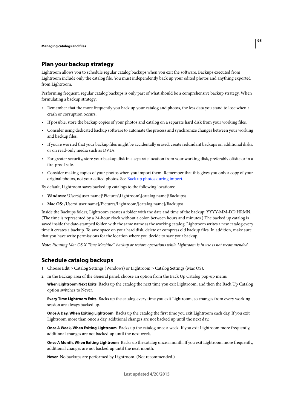 Plan your backup strategy, Schedule catalog backups | Adobe Photoshop Lightroom CC User Manual | Page 100 / 261