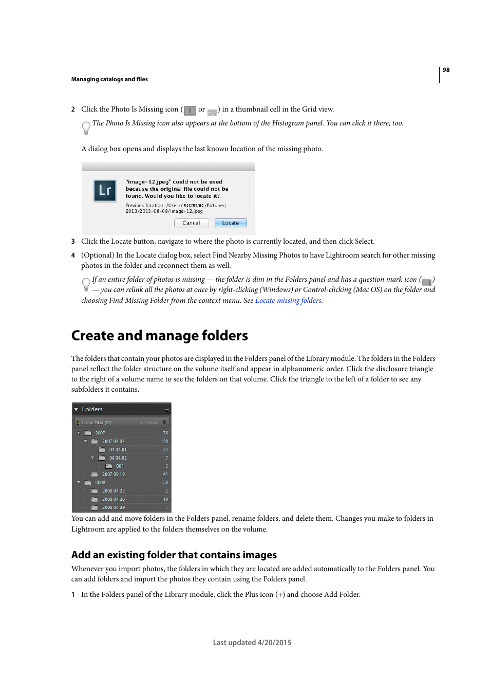 Create and manage folders, Add an existing folder that contains images | Adobe Photoshop Lightroom CC User Manual | Page 103 / 261