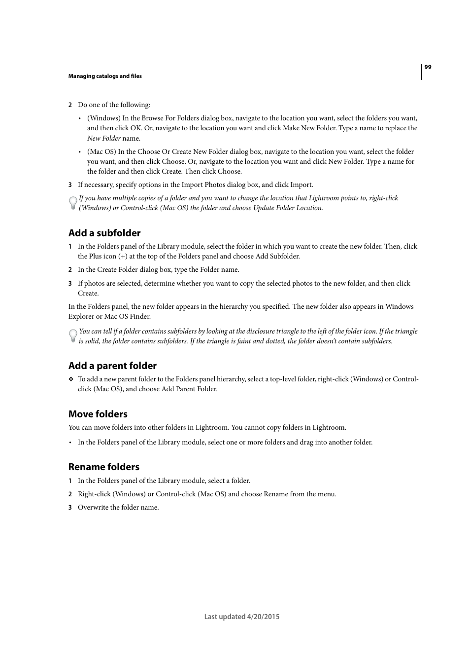 Add a subfolder, Add a parent folder, Move folders | Rename folders | Adobe Photoshop Lightroom CC User Manual | Page 104 / 261