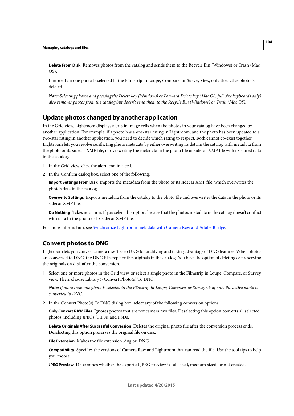 Update photos changed by another application, Convert photos to dng | Adobe Photoshop Lightroom CC User Manual | Page 109 / 261