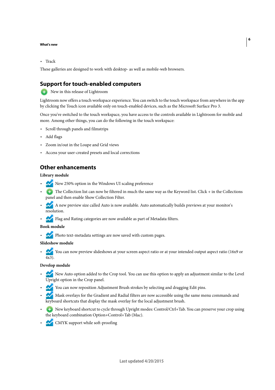 Support for touch-enabled computers, Other enhancements | Adobe Photoshop Lightroom CC User Manual | Page 11 / 261